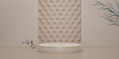 Shiny beige round pedestal with green eucalyptus leaves on background. The blank display or clean room for showing products. Minimalist mockup for podium display or showcase. 3D render illustration.