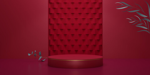 Shiny red round pedestal with eucalyptus leaves on red background. The blank display or clean room for showing products. Minimalist mockup for podium display or showcase. 3D render illustration.