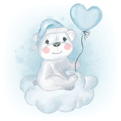 Cute Bear with Love Shape Balloon in the Cloud