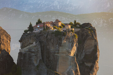 huge rock pillars formation of Meteora, weathering by water, wind, and extremes of temperature on...