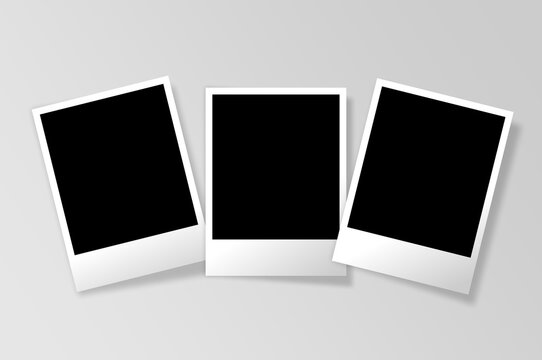 A set of photo frames on a beautiful background with a shadow. There are many frames with a white border and a black middle. Instant photos. Realistic photo frames.