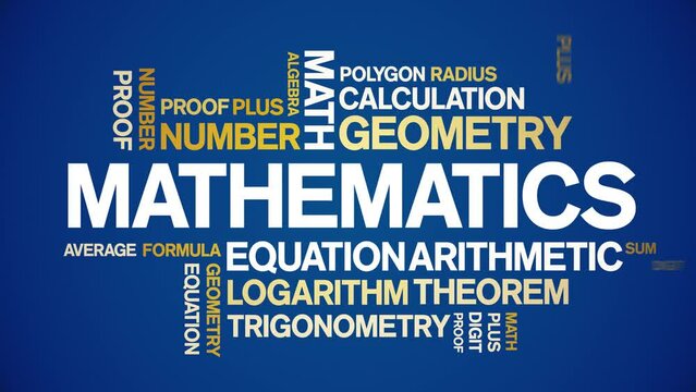 Mathematics animated tag word cloud;text design animation kinetic typography seamless loop.
