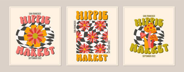 Hippie funky vibe style template. Vintage 1960-1970. Hippy retro background. Symbol retro print.
