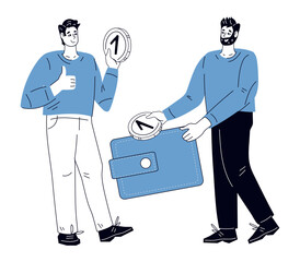 People characters collecting and putting coins into wallet for financial management, money savings and economy concept, flat cartoon vector illustration isolated on white background.