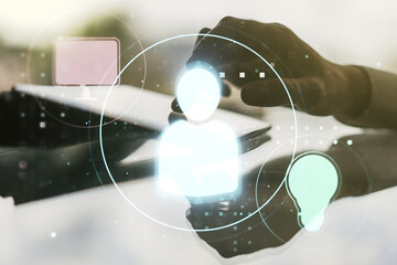 Social network media concept with finger presses on a digital tablet on background. Double exposure