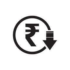 Rupee reduction symbol, cost decrease icon. Reduce debt business sign vector illustration symbol