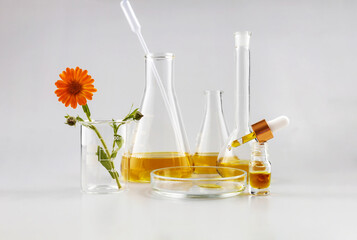 bottle with a pipette, laboratory flasks and calendula flowers on a gray background