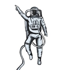 black and white pencil drawing of astronaut isolated on white background