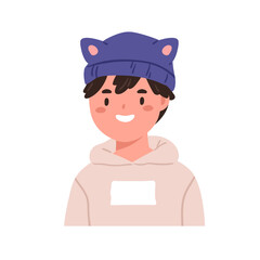 Boy kid face portrait. Happy child in funny hat with ears. Cute little school student, schoolboy smiling. Positive cheerful schoolkid. Flat cartoon vector illustration isolated on white background