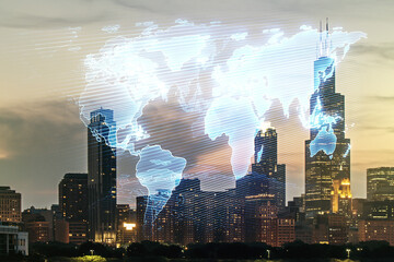 Multi exposure of abstract graphic world map on Chicago cityscape background, big data and networking concept