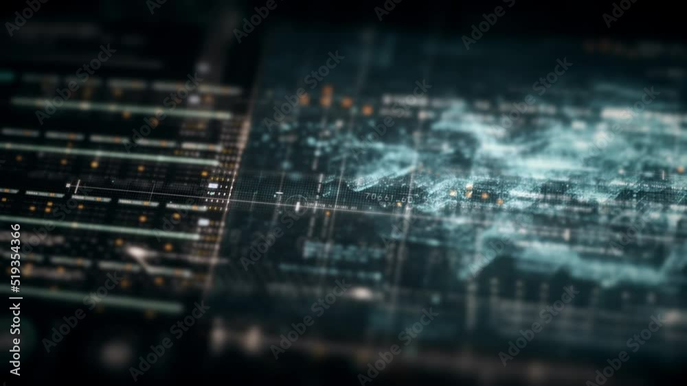 Leinwandbilder Futuristic abstract de-focus flowing data matrix, meta, metaverse, telemetry and encrypt numbers display with particles simulation in cyber space environment for head up display loop background