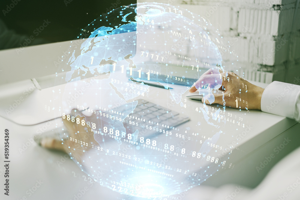 Poster double exposure of abstract creative programming illustration with world map and hand typing on lapt
