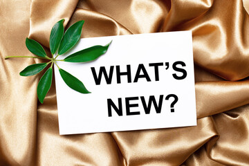 On beautifully curved golden silk lies a schefflera sheet and a white card with the text WHAT IS NEW