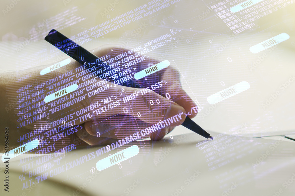 Poster multi exposure of abstract software development hologram with world map and man hand writing in note