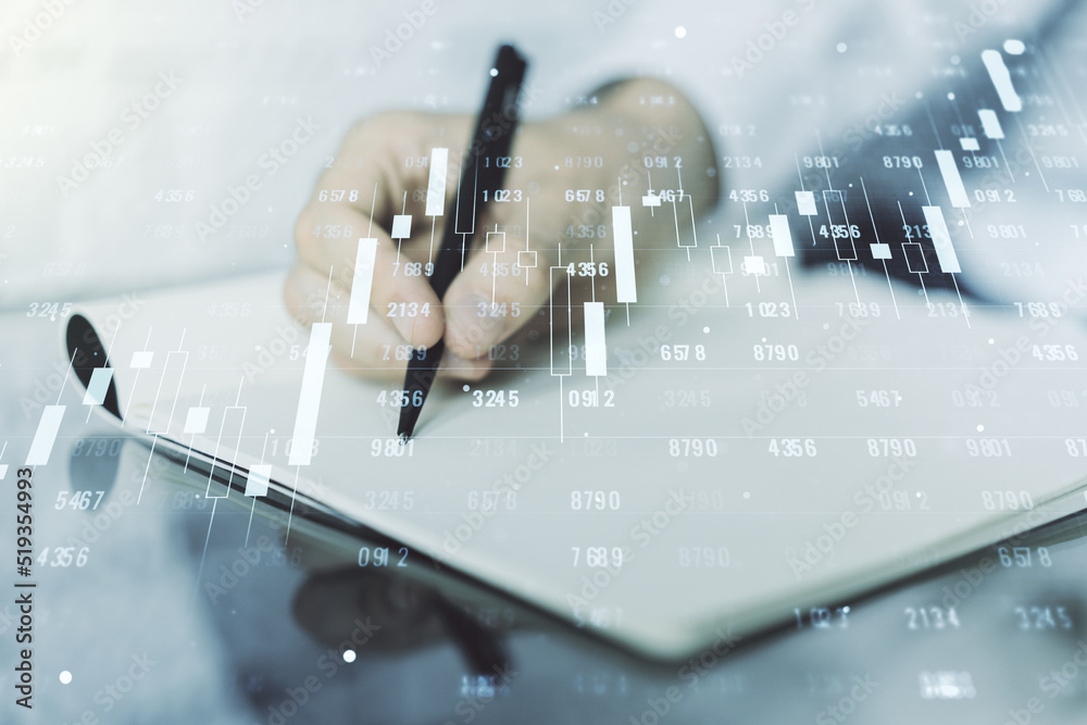 Aufkleber double exposure of abstract creative statistics data hologram with man hand writing in notepad on ba