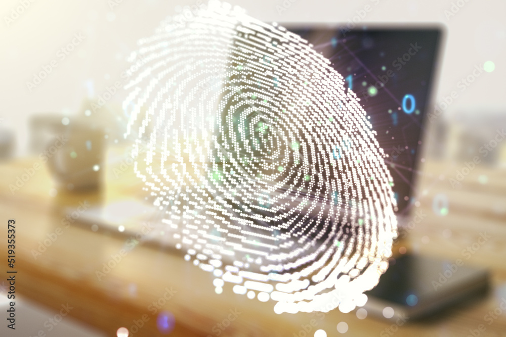 Aufkleber multi exposure of creative fingerprint hologram and modern desktop with laptop on background, person
