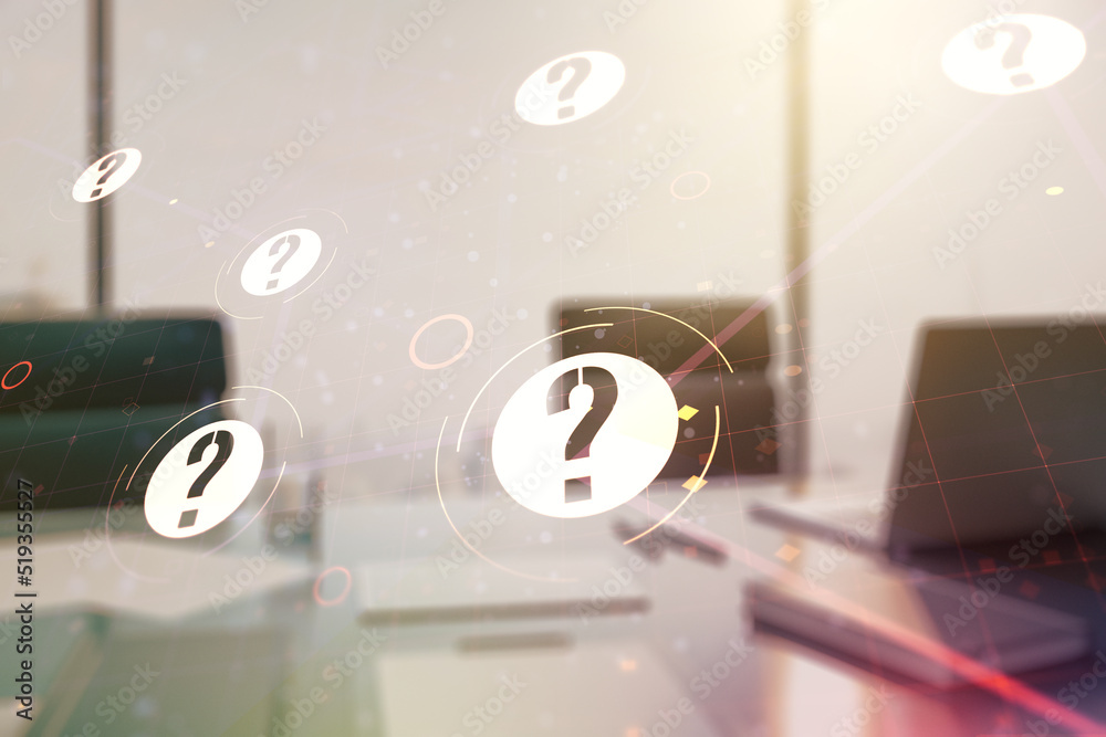 Aufkleber double exposure of question mark hologram and modern desktop with laptop on background. sociology an