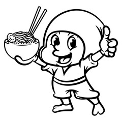 Kawaii Ninja cartoon characters holding a bowl of ramen noodle with chopstick, and make thumb up gesture for a delicious food sign, best for sticker, mascot, and coloring bookwith Japanese food themes