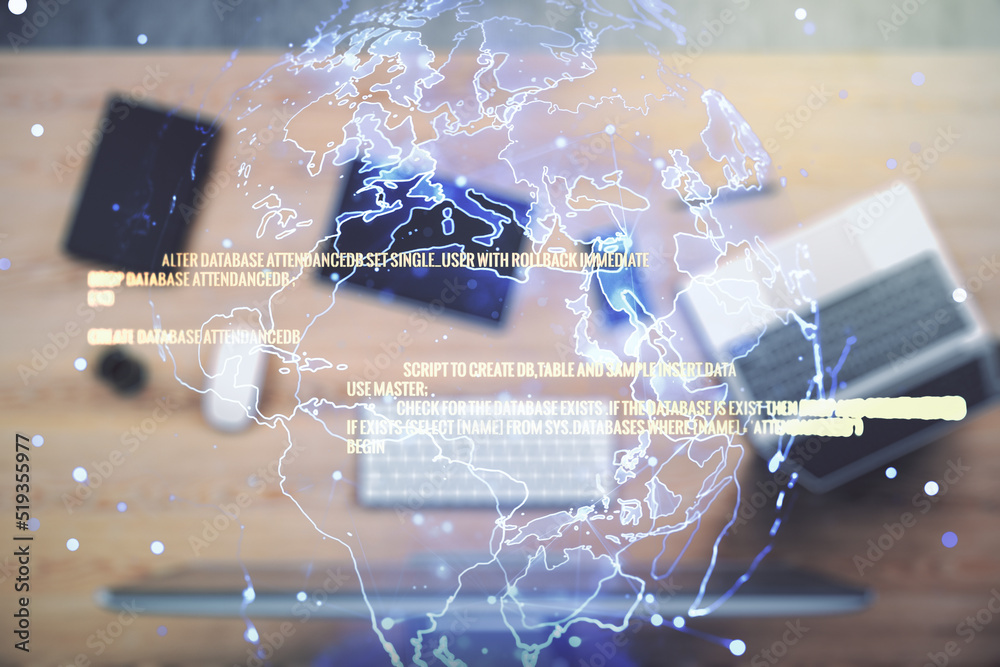 Poster double exposure of abstract creative programming illustration with world map on computer background,