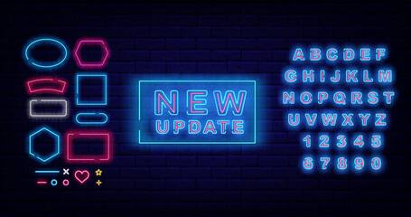 New update neon signboard. Game design. Shiny blue alphabet. Frames collection. Vector stock illustration