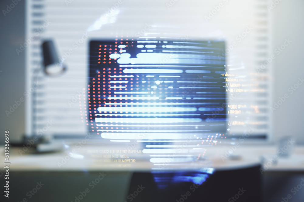 Poster double exposure of abstract creative programming illustration with world map on computer background,