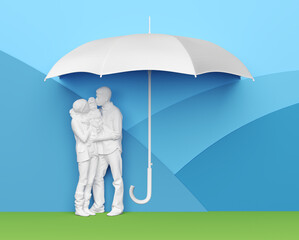 3D rendering. Family safety concept. Young family holding a child in hands standing under umbrella