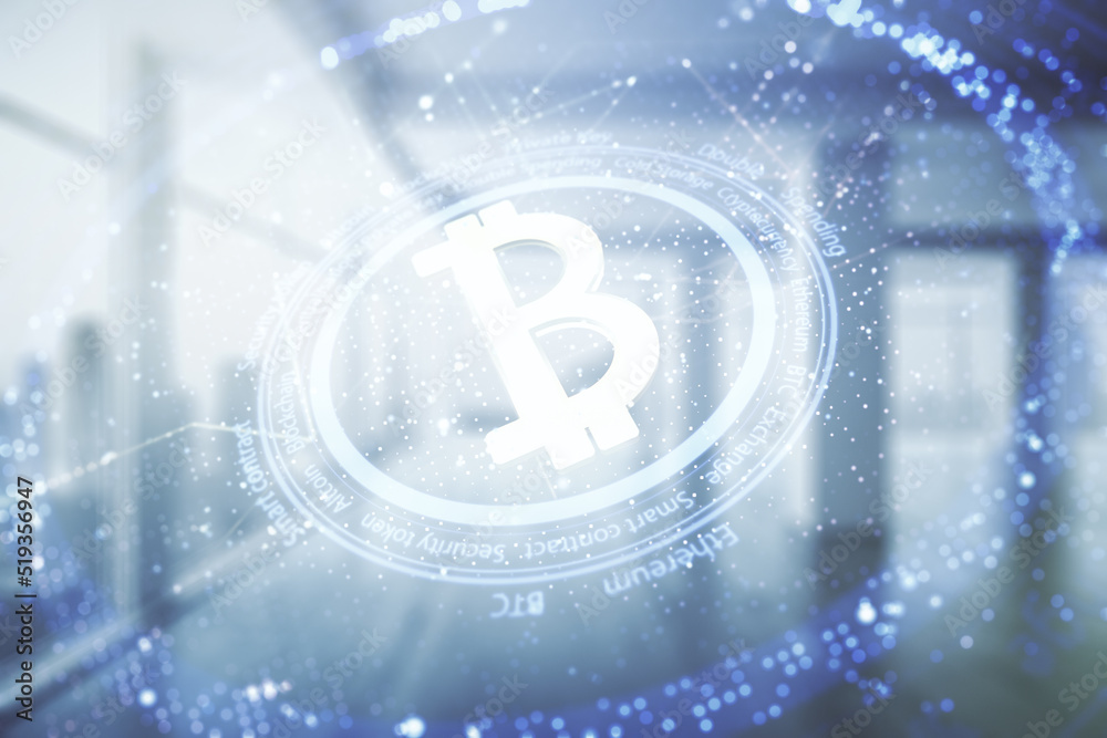 Poster Double exposure of creative Bitcoin symbol hologram on empty room interior background. Mining and blockchain concept
