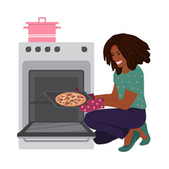 Dark-skinned girl is sitting in front of an open open with a dish. Young woman puts a pizza in the oven. The concept of cooking at home. Vector Illustration in a flat style on white background.