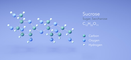 sucrose, saccharose, Sugar. Molecular structure 3d rendering, Structural Chemical Formula and Atoms with Color Coding, 3d rendering