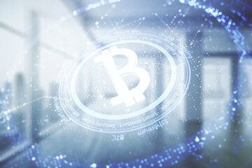 Double exposure of creative Bitcoin symbol hologram on empty room interior background. Mining and blockchain concept