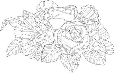 Realistic graphic rose and peony flower bouquet with leafs sketch template. Cartoon vector illustration in black and white for game, background, pattern, decor. Coloring paper, page, story book, print