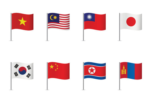 East Asia flags Set. Vietnam, Malaysia, Taiwan,  Japan, South Korea, China, North Korea, and Mongolia. Vector illustration.