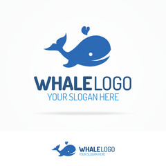 Blue whale with drops water logo set flat color style isolated on white background for use travel company, kids emblem, swim, pool, sanitary, seafood market etc. Vector Illustration