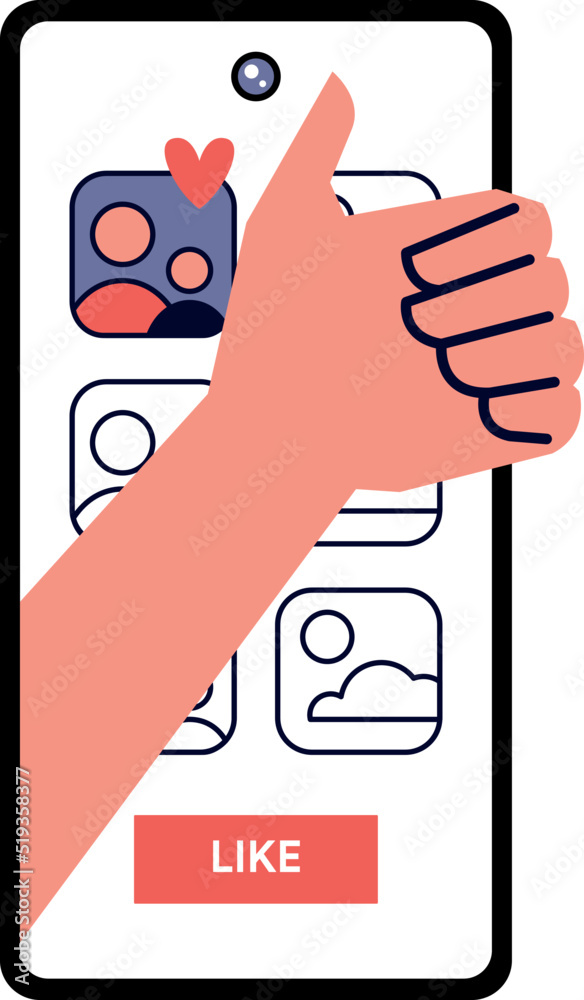 Wall mural phone application design for communication in social media. flat vector illustration with hand, dash