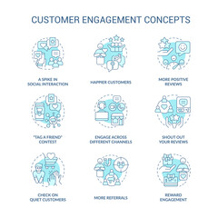Customer engagement turquoise concept icons set. Consumer and organization interaction idea thin line color illustrations. Isolated symbols. Editable stroke. Roboto-Medium, Myriad Pro-Bold fonts used