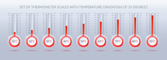 Set of thermometer scales with red mercury column. 10, 20, 30, 40, 50, 60, 70, 80, 90 degrees. Temperature symbol. Global warming concept. 3D glass effect. Vector illustration