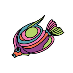 Bright fish on a white background. Collection of children's textiles. Drawing for a T-shirt. Illustration for the cover of a children's book, notebook, notebook, postcard. Use it as a poster, flyer 