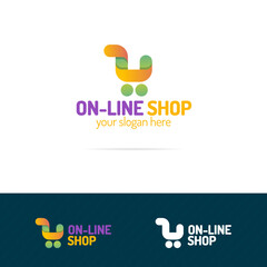 On line shop logo set consisting of shopping cart yellow green color use for farm fresh shop, natural product market, vegan food store etc. Vector Illustration