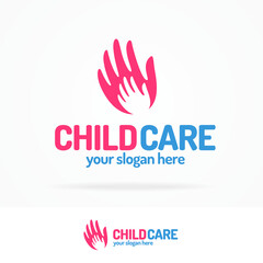 Child care logo set flat modern color consisting of silhouette baby hand in big hand use for support and friendship community, rehabilitation, health save, medical care etc. Vector Illustration