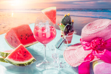 fresh watermelon and drink by the sea at the beach