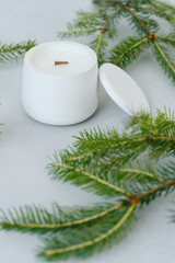 Candle in White Gypsum Planter Among Christmas Tree Branches on Light Background. Place on Label