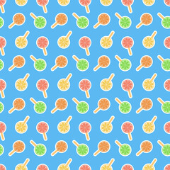 Pink yellow blue fruit ice slice citrus ice cream on a stick seamless pattern cute background