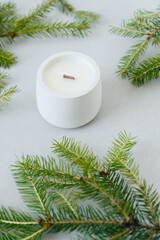 Green Christmas tree Branches and Round white Candle. Candlestick Planter close-up