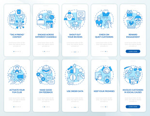 Fototapeta na wymiar Digital customer engagement blue onboarding mobile app screen set. Walkthrough 5 steps editable graphic instructions with linear concepts. UI, UX, GUI template. Myriad Pro-Bold, Regular fonts used