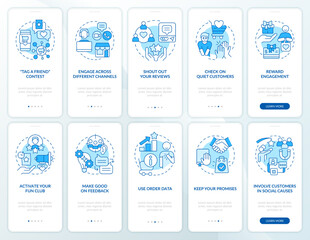 Digital customer engagement blue onboarding mobile app screen set. Walkthrough 5 steps editable graphic instructions with linear concepts. UI, UX, GUI template. Myriad Pro-Bold, Regular fonts used