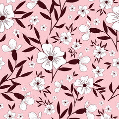 Simple vintage pattern. white  flowers,  burgundy leaves. light pink  background. Fashionable print for textiles and wallpaper.