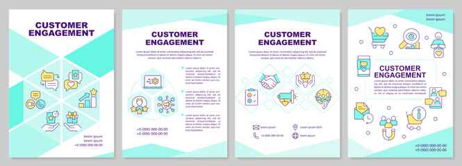 Fototapeta na wymiar Customer engagement brochure template. Business strategies. Leaflet design with linear icons. Editable 4 vector layouts for presentation, annual reports. Arial-Black, Myriad Pro-Regular fonts used