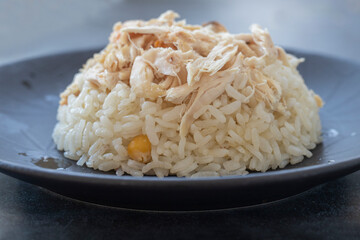 Traditional delicious Turkish food; Rice with chickpeas and chicken (Turkish name; Tavuklu nohutlu pilav or pilaf)