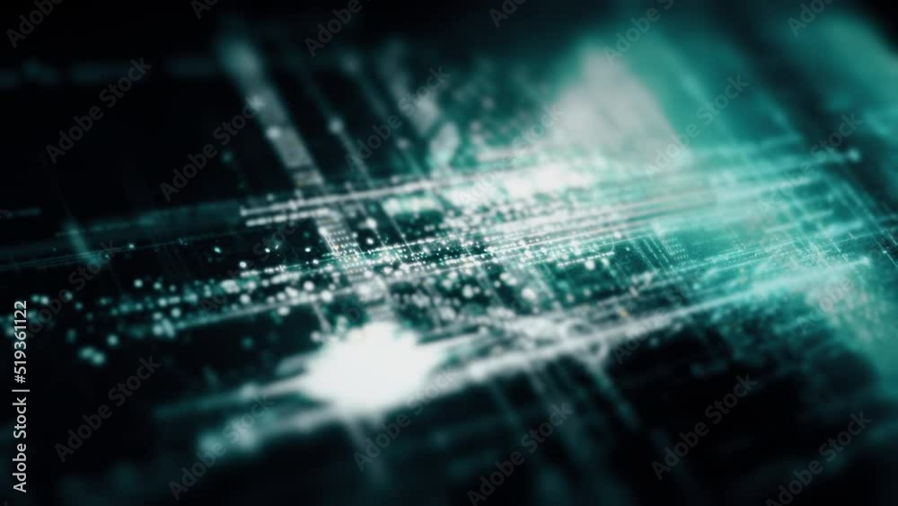 Poster Futuristic abstract de-focus data matrix, telemetry and encrypt numbers display with particles simulation for head up display in cyber space environment background