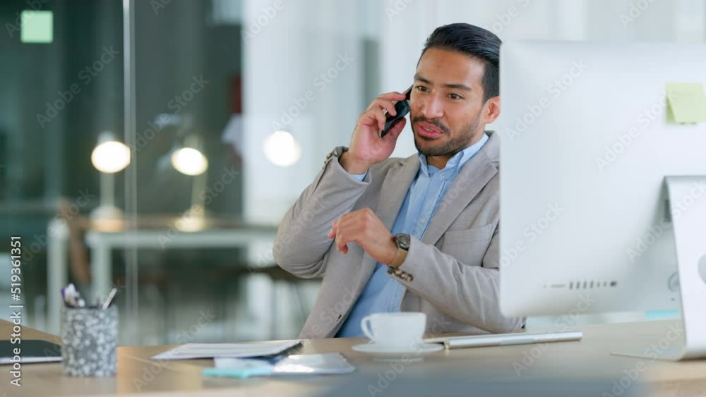 Poster Young corporate executive communicating project plans and discussing deals with clients in a company. Happy business man talking on a phone while working on a computer in an office